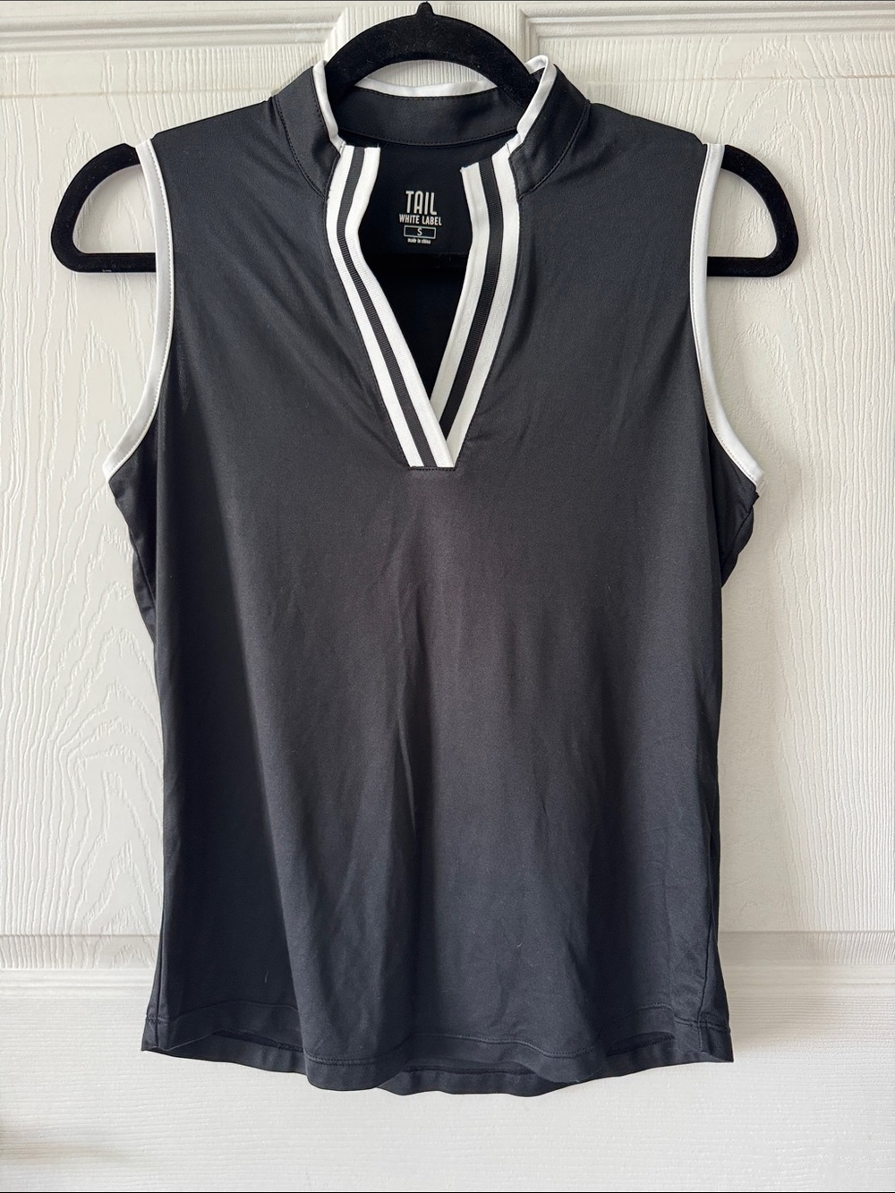 S Tall. Tail Women's Black Sleeveless Polo Tank with White Trim